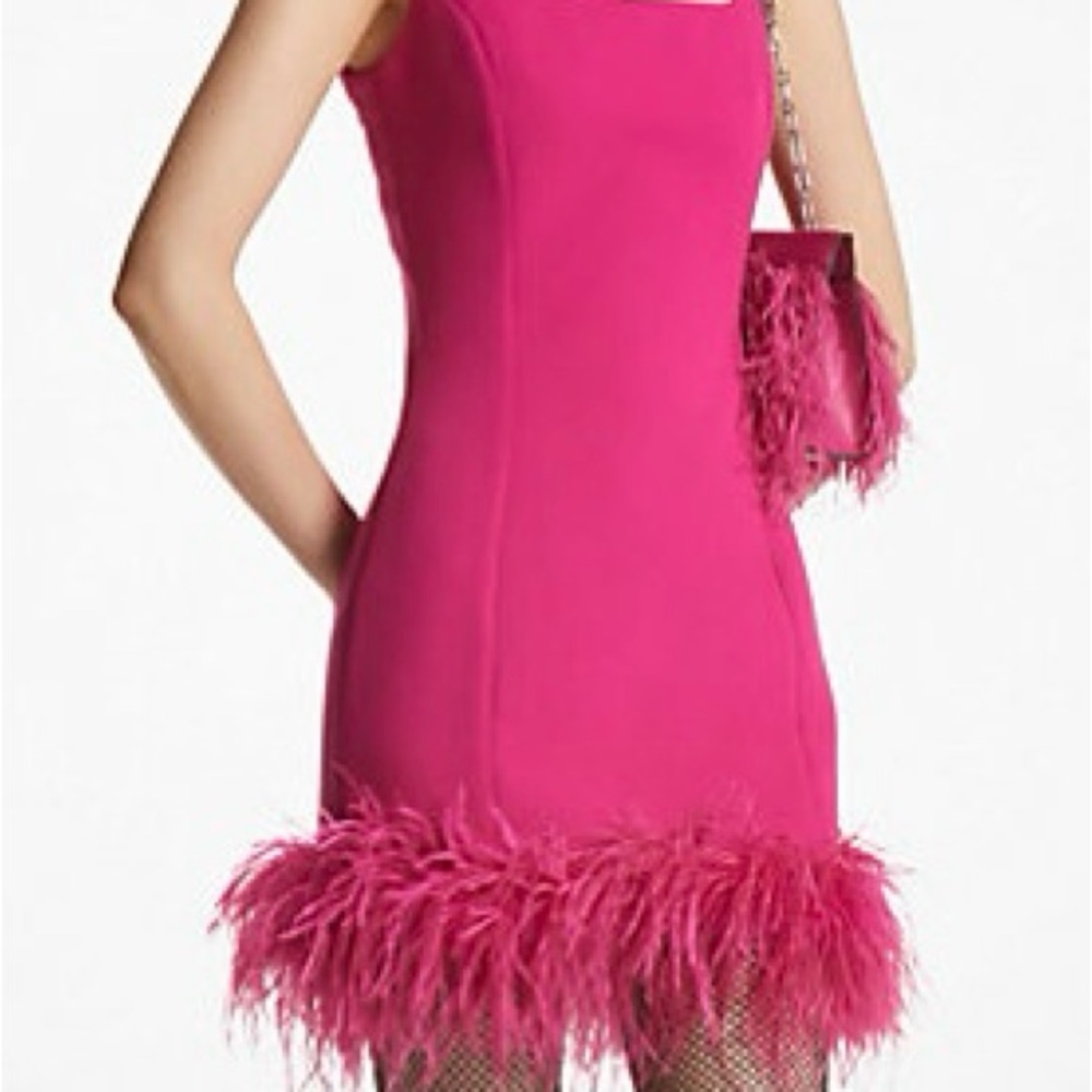 Micheal Kors Pink Feather Trim Stretch Crepe Shift Dress
